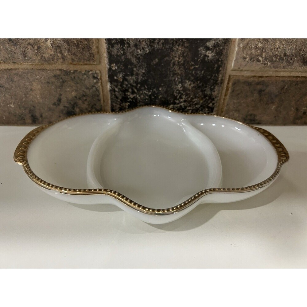 Anchor Hocking FIre King Ware Plate Dish White Milk Glass Gold 1950s 11”x7.5”